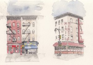 a watercolor of a New York city building front with fire escapes side by side with a NYC corner diner 